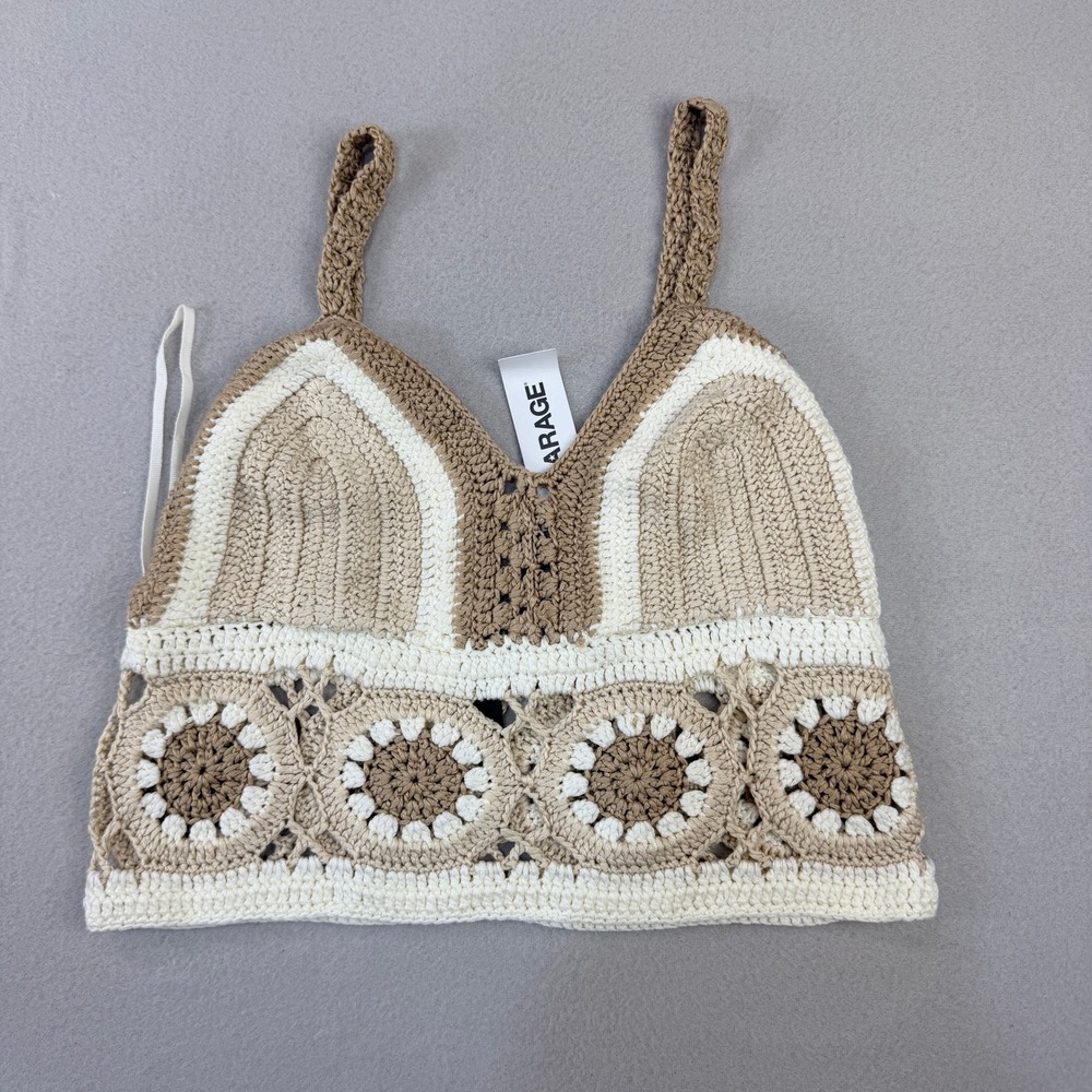 Garage Crochet Cami Top Neutral Tan Cream Granny Square Boho V-Neck Size M NWT